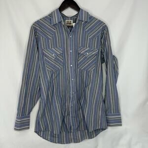 Vintage Ely Cattleman Mens Pearl Snap Shirt Medium Blue Striped Long Sleeve